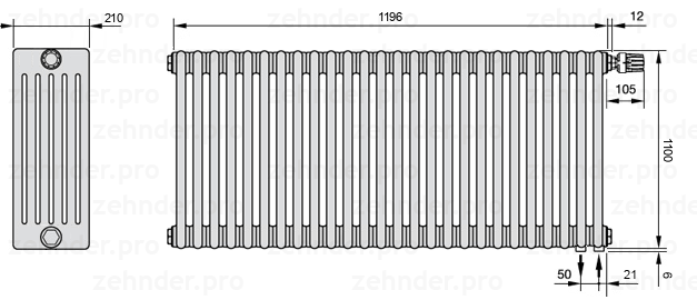 Схема (чертеж) Радиатор Zehnder Charleston 6110/26 №V002 Белый глянцевый RAL 9016